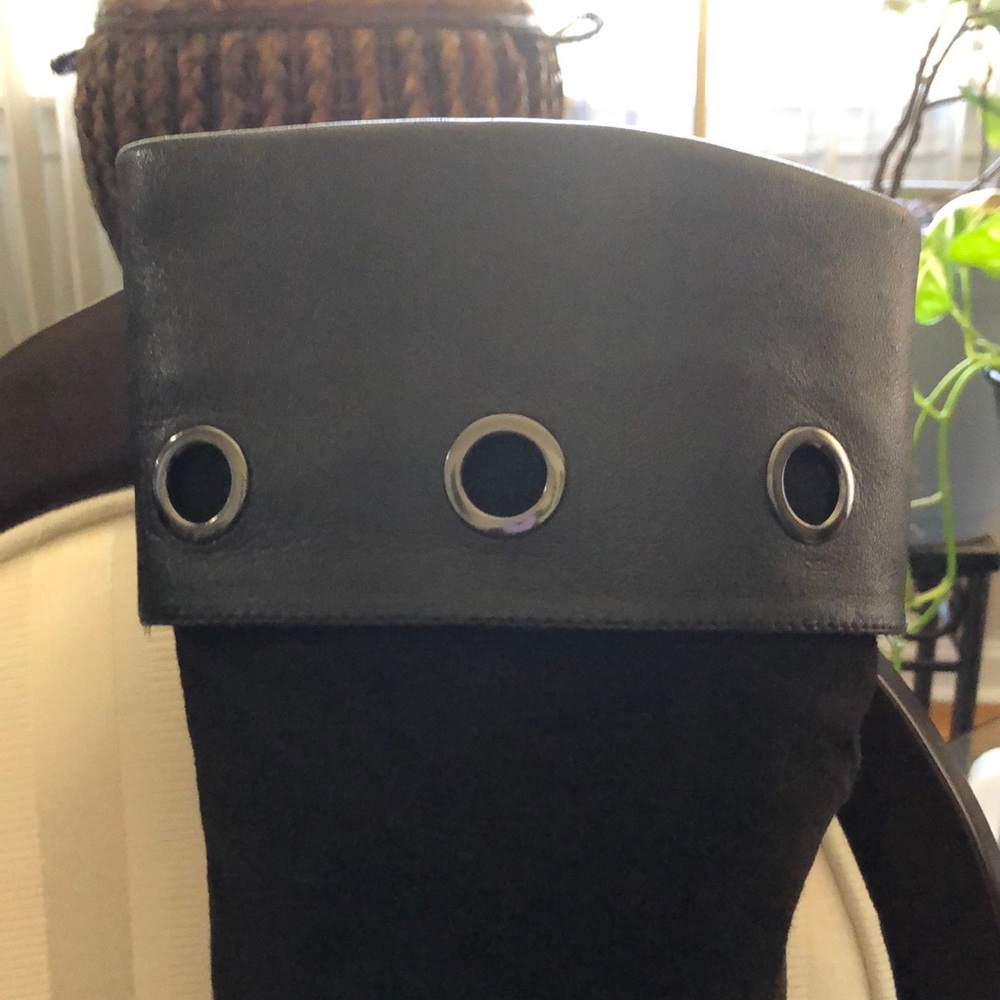 Black suede zipper boots with leather trim